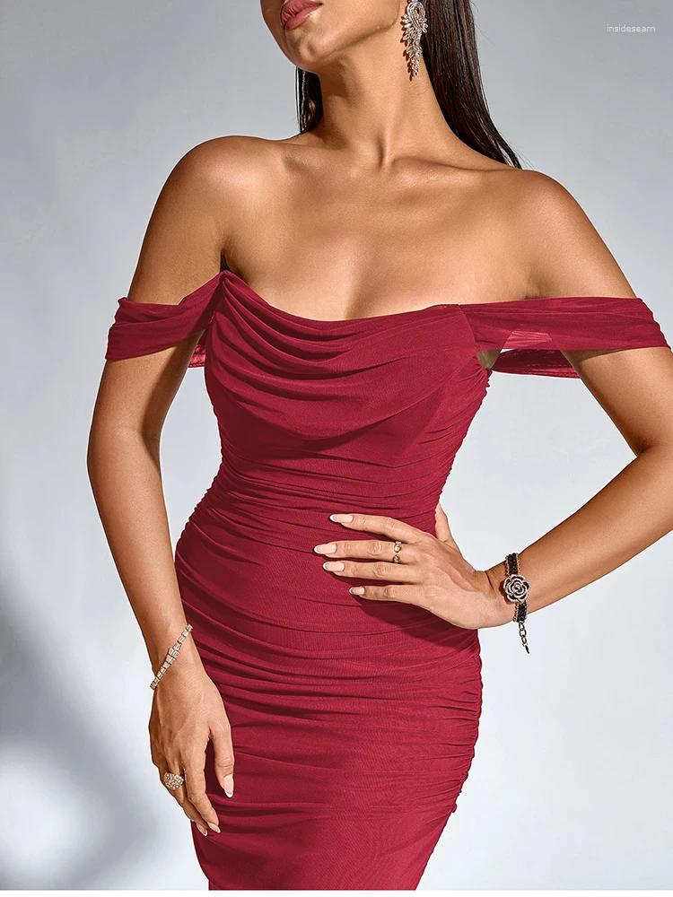 Elegant Off-Shoulder Maxi Dress: Ruched Mesh Corset Gown for Parties, Clubs & Special Occasions C260311