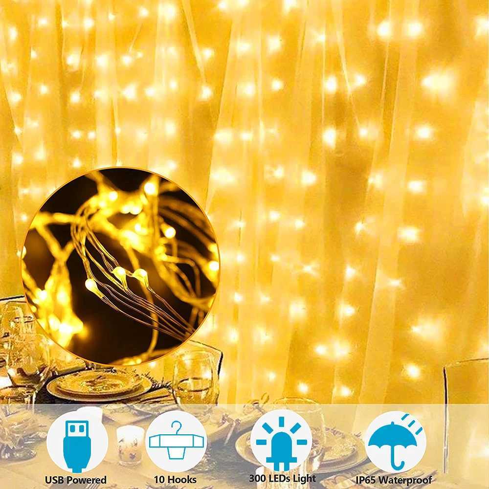 3M USB Window Curtain Lights Remote Control 8 Modes Garland for Christmas Wedding Party Holidays Bedroom Decoration W250701