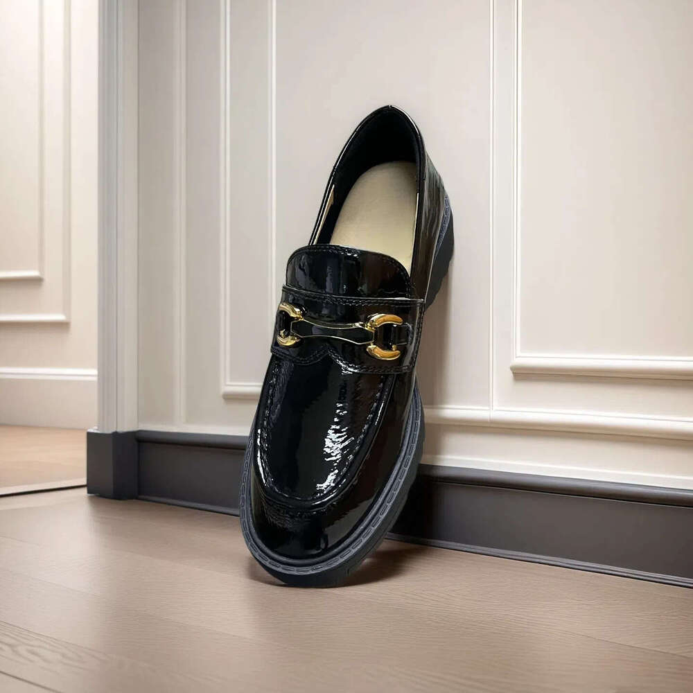 Stylish Platform Patent Leather Loafers - Classic Black with Metal Buckle Decorative Comfortable Casual Shoes Okimoz