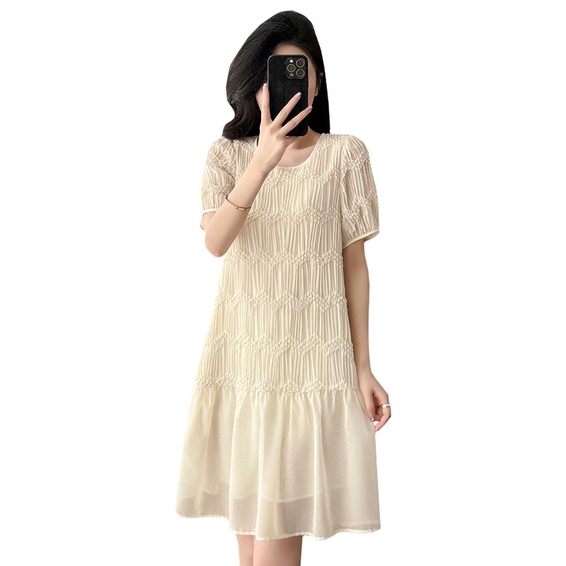 KC110 Large Size French Textured Patchwork Covering Flesh Midi Skirt
