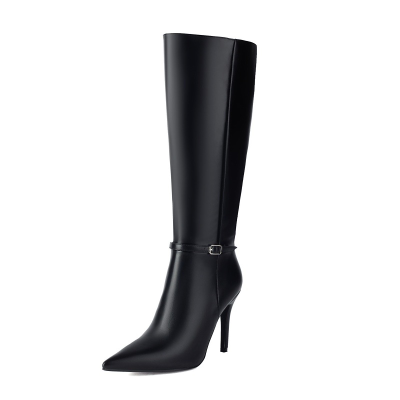 Women's Pointed Toe Stiletto Knee-High Boots - Biker-Inspired Buckle Detail, Side Zipper, Microfiber Leather Fashion Riding Boots