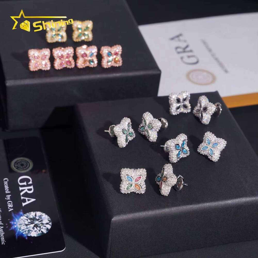 New Hip-Hop Men's Ice Cold Pure Sier Flower Multicolor Marquise 15mm Sandstone Earrings