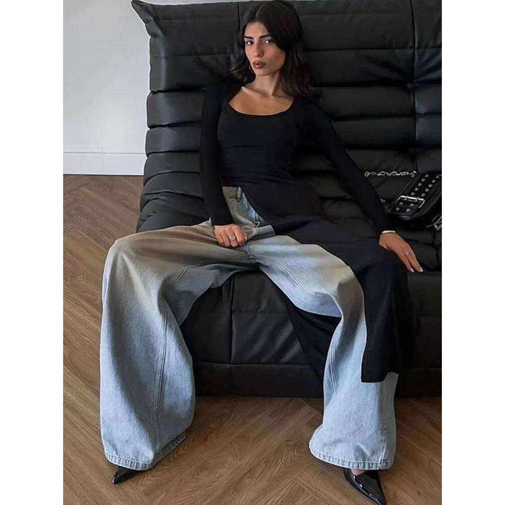 hoodie Wear Solid Unique Women Tops Classic Concise Autumn Full Sleeve U-Neck Skinny Splited Super-Long Tees Popular New Wild T-Shirts jacket