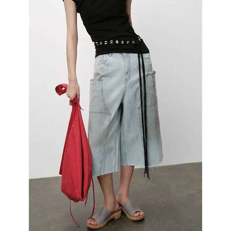 hoodie Wear American Vintage Y2k 2000S Blue Cargo Jeans Women Haruku Oversized Baggy Pants Summer Streetwear Retro Denim Shorts jacket