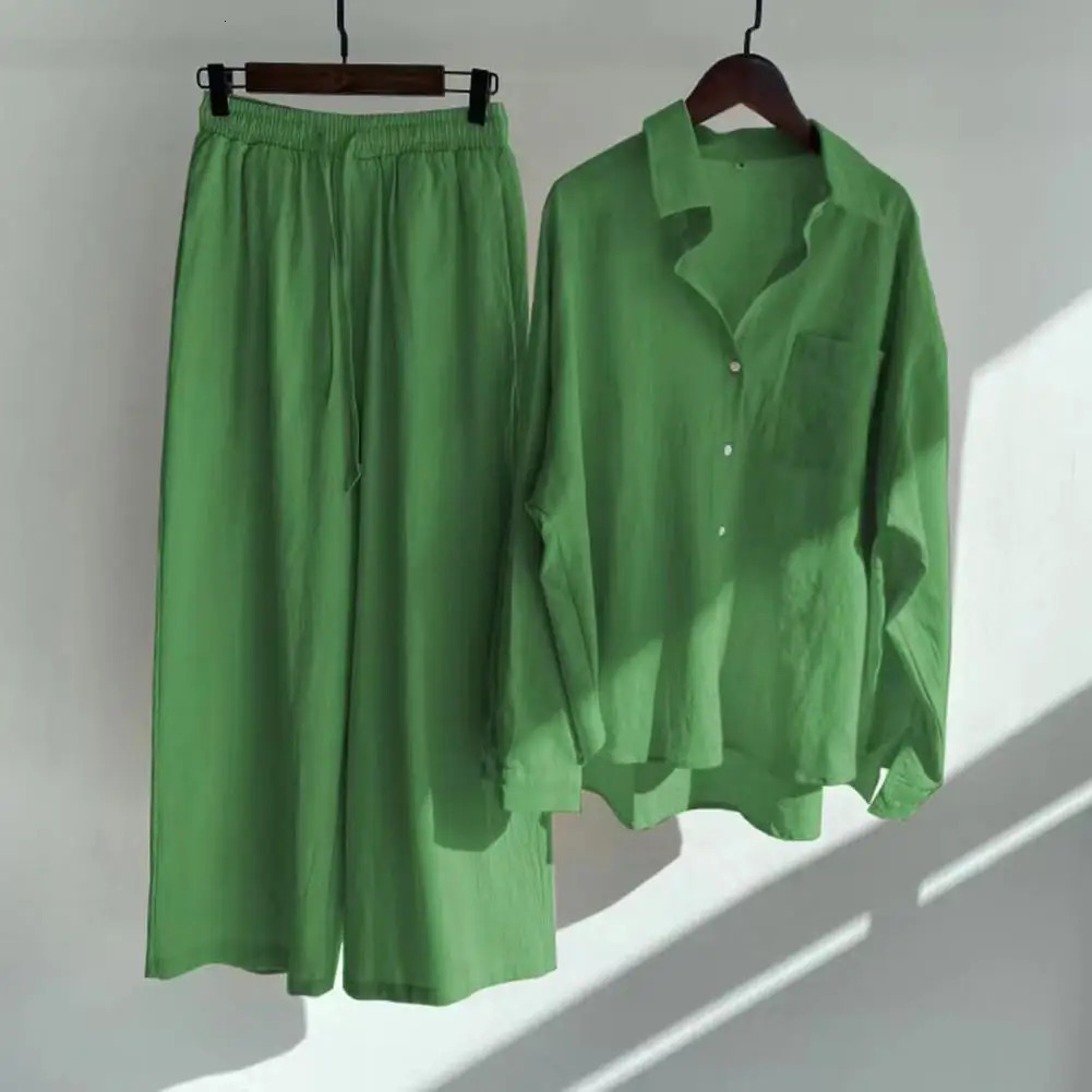 5XL Oversize Fall Blouse Trousers Suit Womens Outfit Cotton Linen Shirt High Waist Wide Leg Pants Set Summer 250624