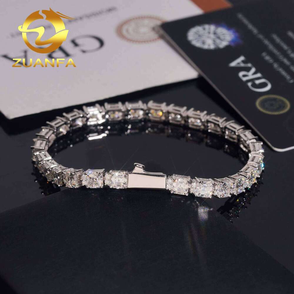 Hip Hop Silicon Stone Jewelry 5 5Mm Asscher Cut Ice For Women And Men Sier Tennis Bracelet Passes Tester
