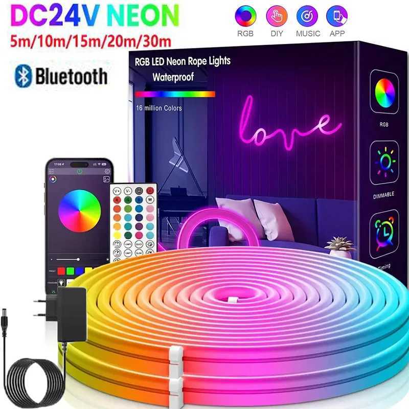 EU Plug DC24V 3535 RGB Neon LED Strip 5/10/15/20/30M Bluetooth Music Sync Waterproof Neon Rope Light for Indoor Outdoor Decoration W250701