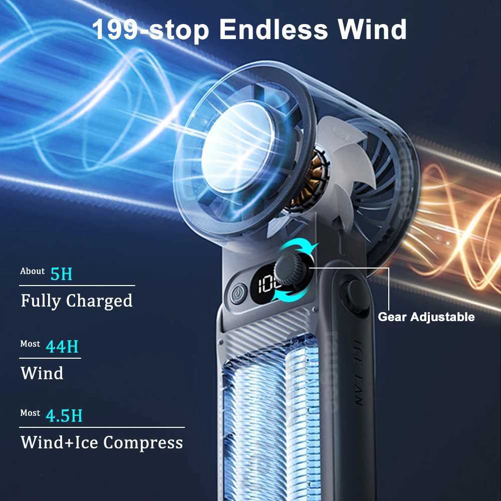 Mini Portable Handheld Fan 199 Speeds Adjustable Ice Cooling Fan 6000mAh Rechargeable Folding Neck Fan Outdoor Small Turbo Fan XJ250702