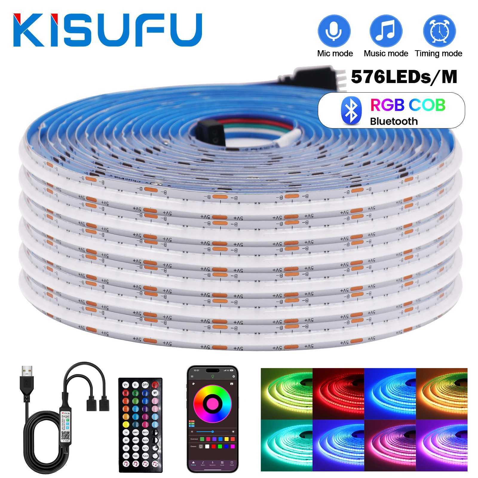 5V USB RGB COB LED Strip Light Dimmable Bluetooth 24/44keys Remote Control Sync with Music COB Linear Tape Room Blacklight Decor W250701