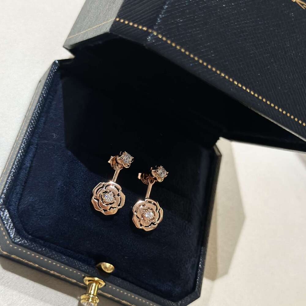 DHcollections S925 Rose Gold Camellia Earrings - Luxury Sterling Silver Floral Studs with Zirconia for Women | Elegant Flower Ear Jewelry