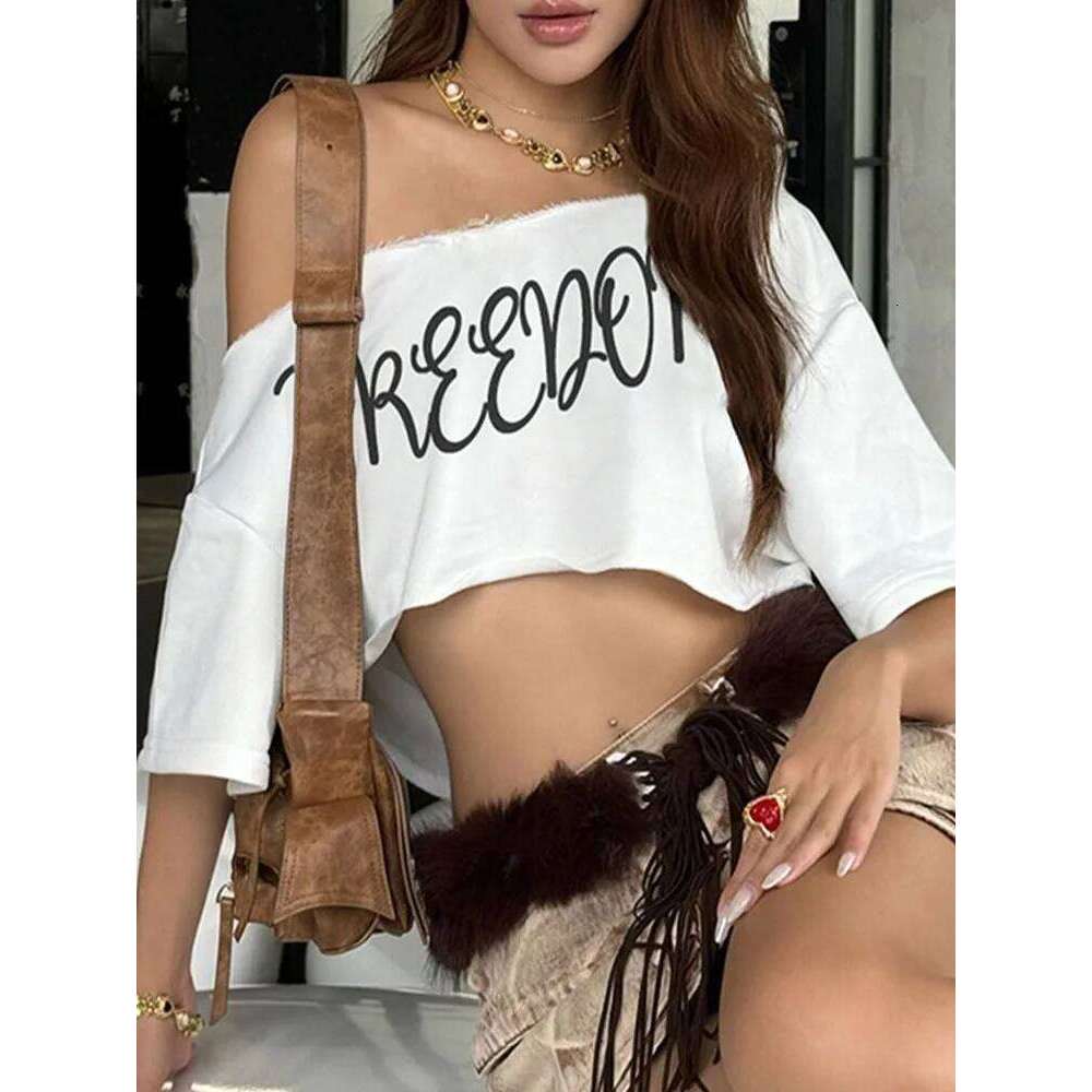 hoodie Wear Loose Letter Print Mini T-Shirt Women Summer Trend Biased Collar Versatile Street Skinny Simple Classic Party Daily Tops jacket