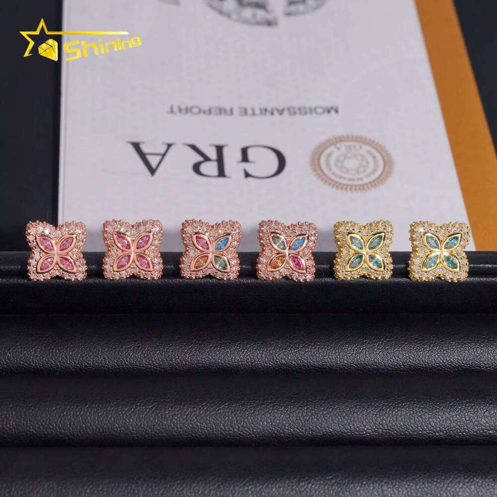 New Hip-Hop Men's Ice Cold Pure Sier Flower Multicolor Marquise 15mm Sandstone Earrings