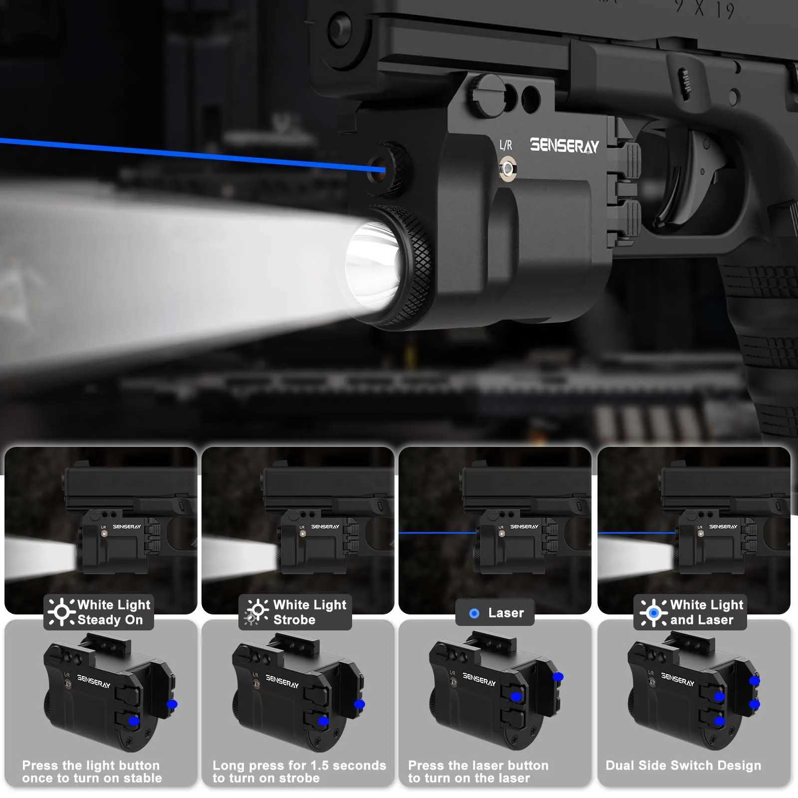 Tactical Pistol Light Rechargeable Blue Laser LED Weapon Light Fit Glock 17 19 20mm Pic Rail Mounted Flashlight Airsoft Gun Lamp XJ250701