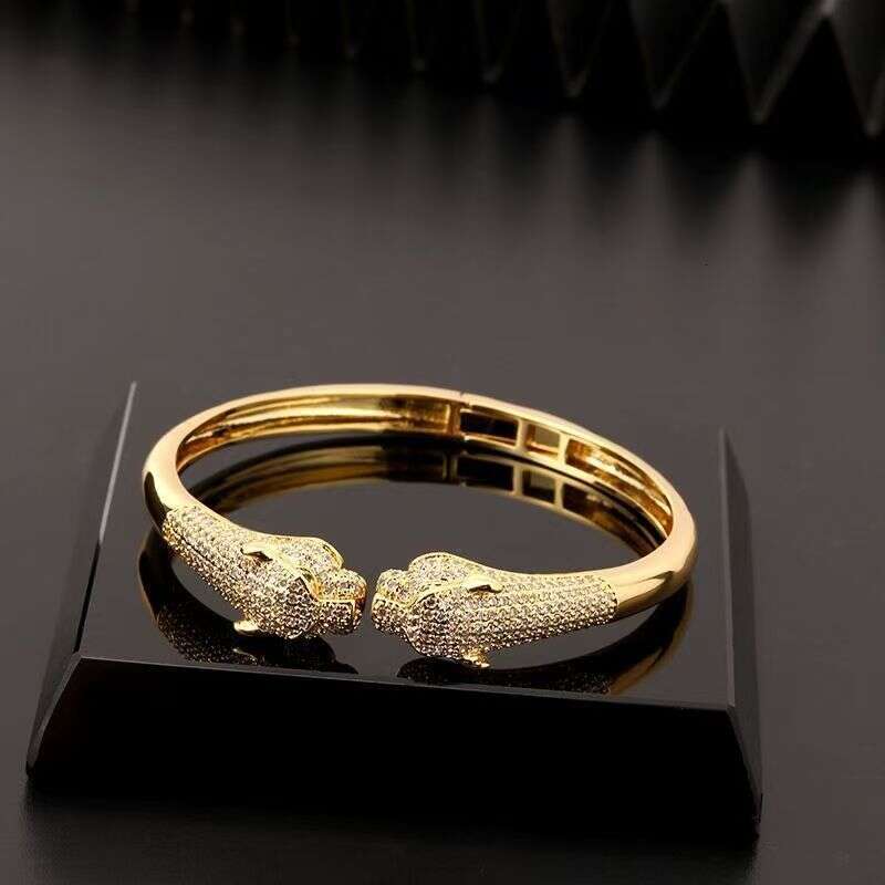 DHCollections Leopard Print Open Cuff Bracelet - 18K Gold Plated Hip Hop Bangle with Zircon Stones | Animal Jewelry for Women & Men