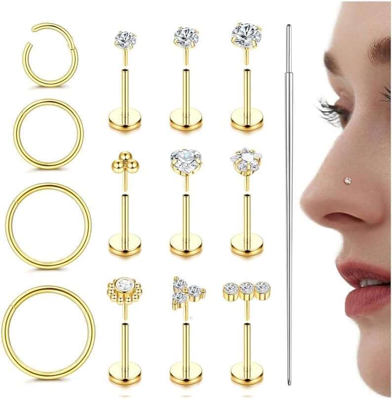 Gold Filled 14K 3 316L Surgical Steel CZ Threadless Studs Women & Men - Push-in Flat Back Nose Rings for Nostril, Tragus, Helix Piercing & - Pushin Nostril, Tragus,