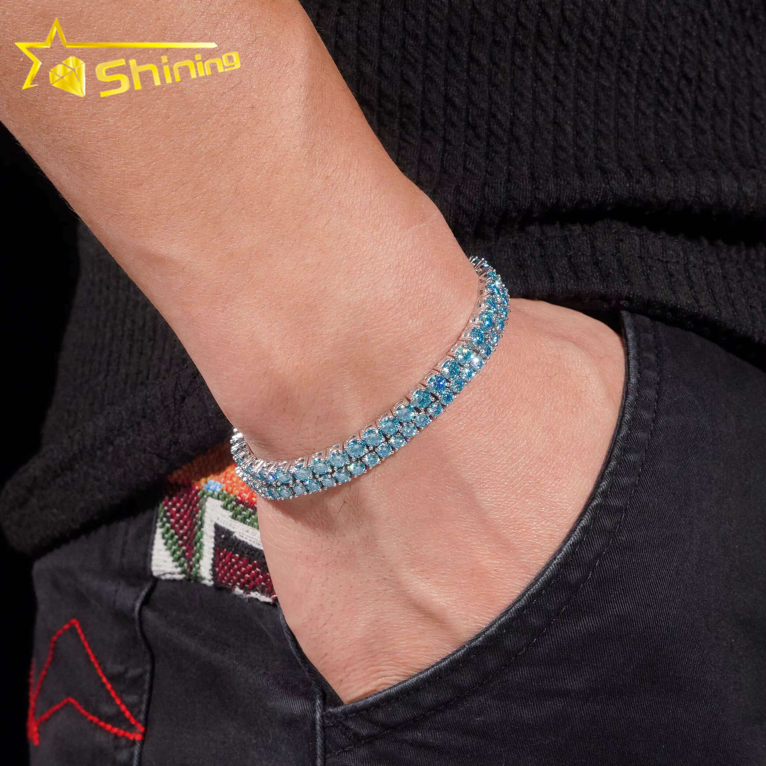 New Stocks 3mm 4mm Factory Wholesale Price Solid S925 Rhodium Plated Hip Hop Necklace Blue Color Moissanite Diamond Tennis Chain