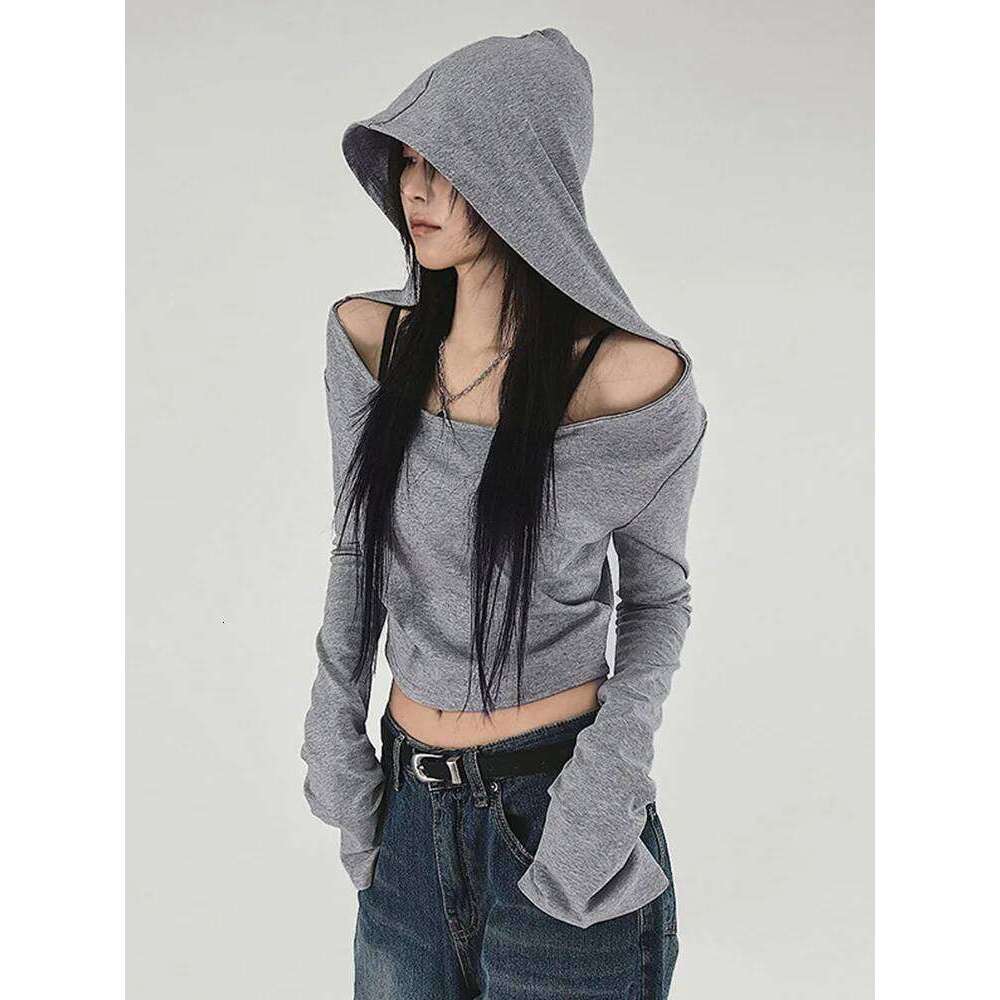 hoodie Wear Basic Hooded Waste Soil Style Cropped T-Shirt Y2k Aesthetic Slim Off Shoulder Long Sleeve Tees Casual Streetwear Tops jacket