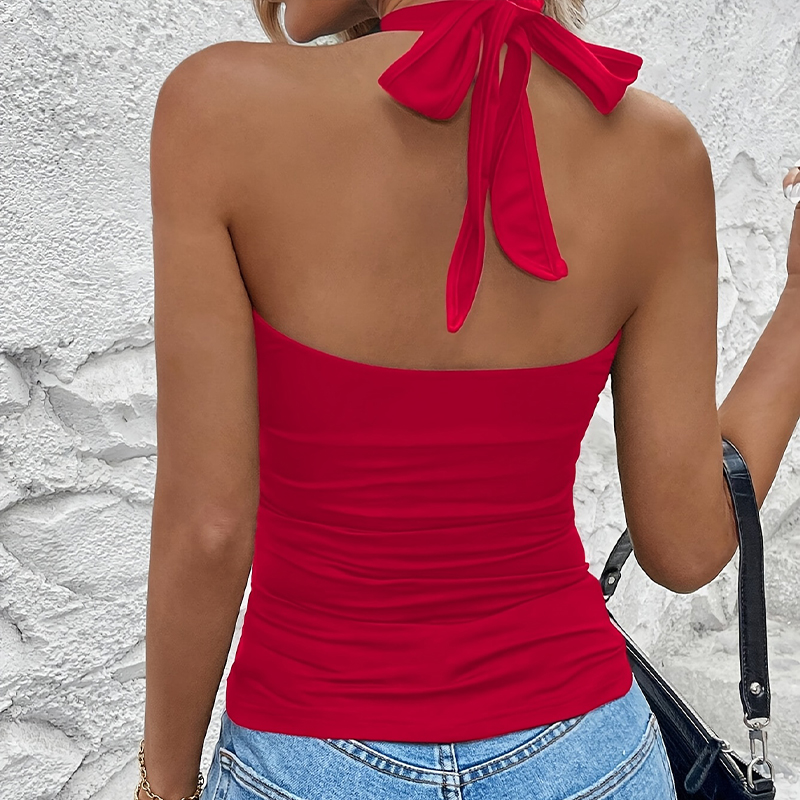 Fashionable Women's Pleat Detail V-Halter Crop Tops - Sexy Silhouette Fit Clothing Item