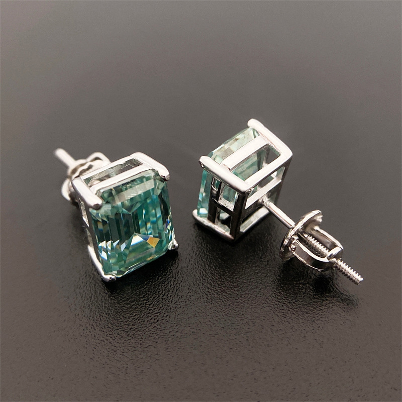 Hot Sale Moissanite Solitaire Emerald Cut Blue Green Stud 925 Silver Stud Earrings