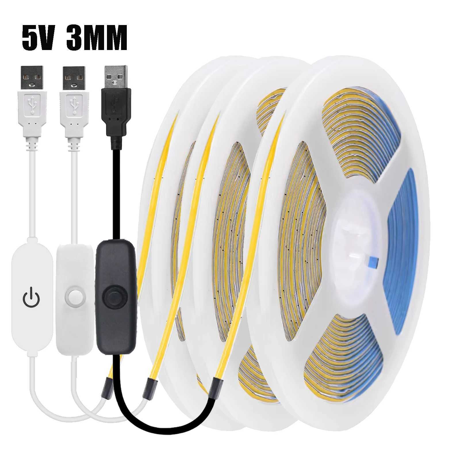 5V USB COB LED Strip Light 3mm Width Flexible LED Tape with Dimmer/ON OFF Switch 320LEDs High Density Linear Lighting for Decoration W250701