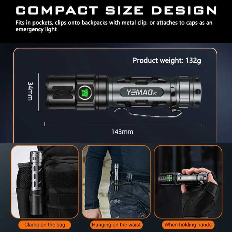 YEMAO New Upgrade A7 Tactical Flashlight 2200 Lumens LED Flashlight Rechargeable Dual Switch Torch 21700 Battery Powerful LightXJ250701