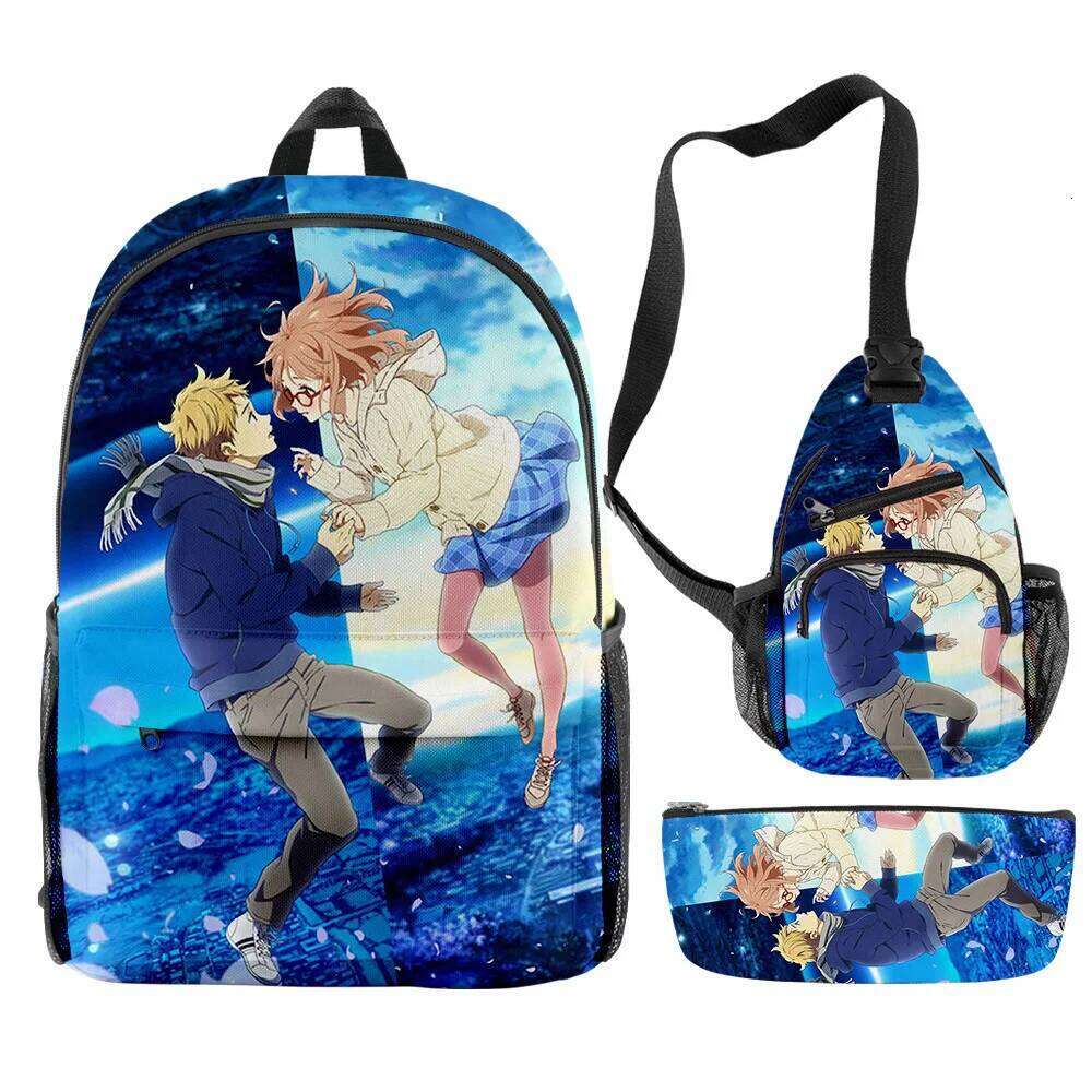 Novelty Cool Beyond the Boundary 3D Print 3pcs/Set pupil School Bags Travel Laptop Backpack Chest Bag Pencil Case