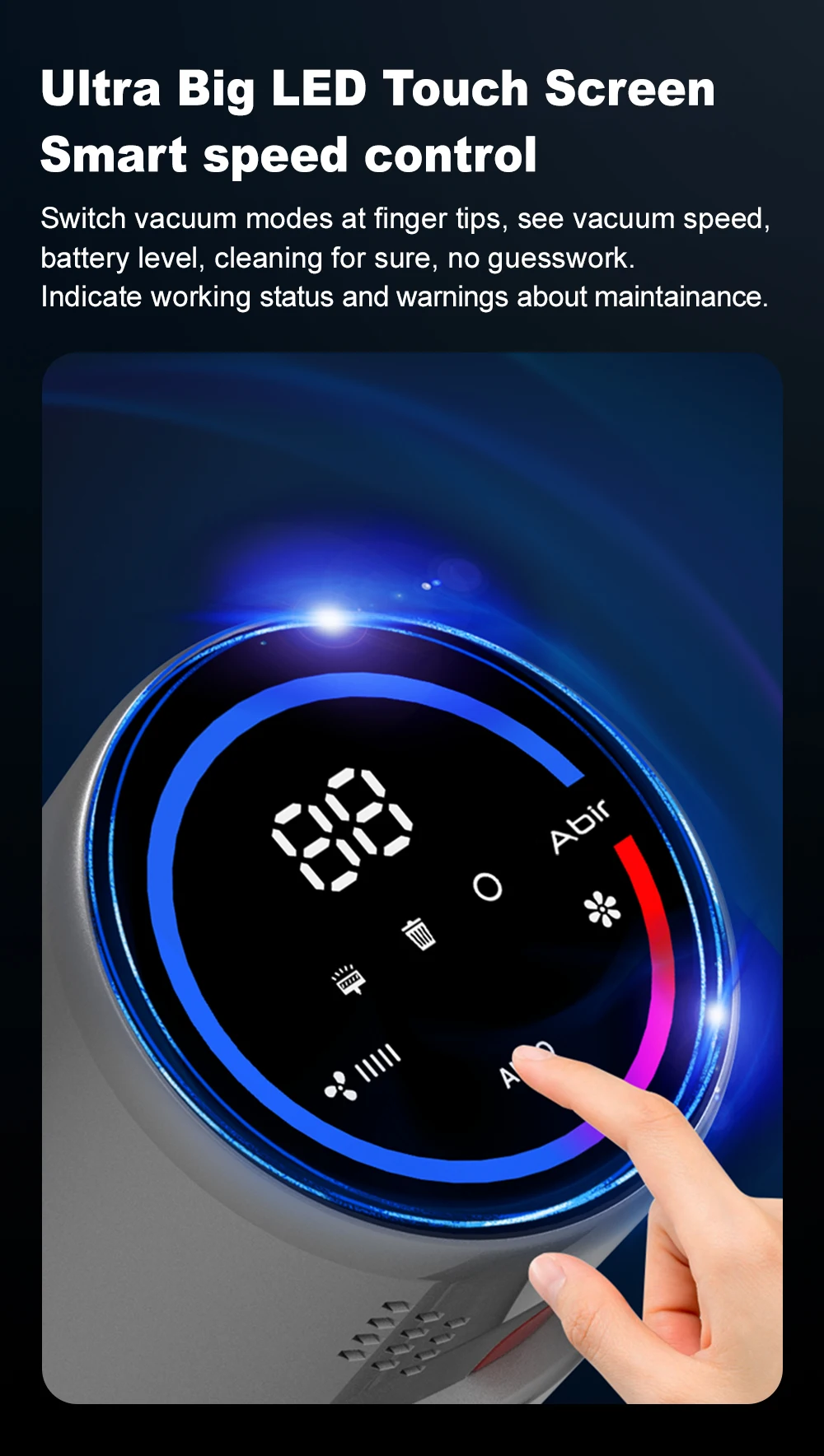 ABIR VC205 Cordless Handheld Vacuum Cleaner,27KPA High Suction Power,Touch Screen,Smart Dust Sensor,Auto Speed Control for Home Bed Carpet Cleaning