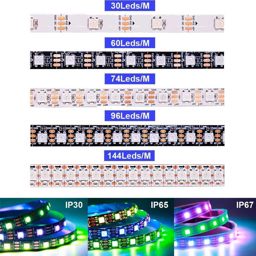 1-5M WS2812B Individually Addressable LED Strip 30/60/74/96/144 LEDs/m WS2812 5050 RGBIC Smart Pixels LED Light IP30/65/67 DC5V W250701
