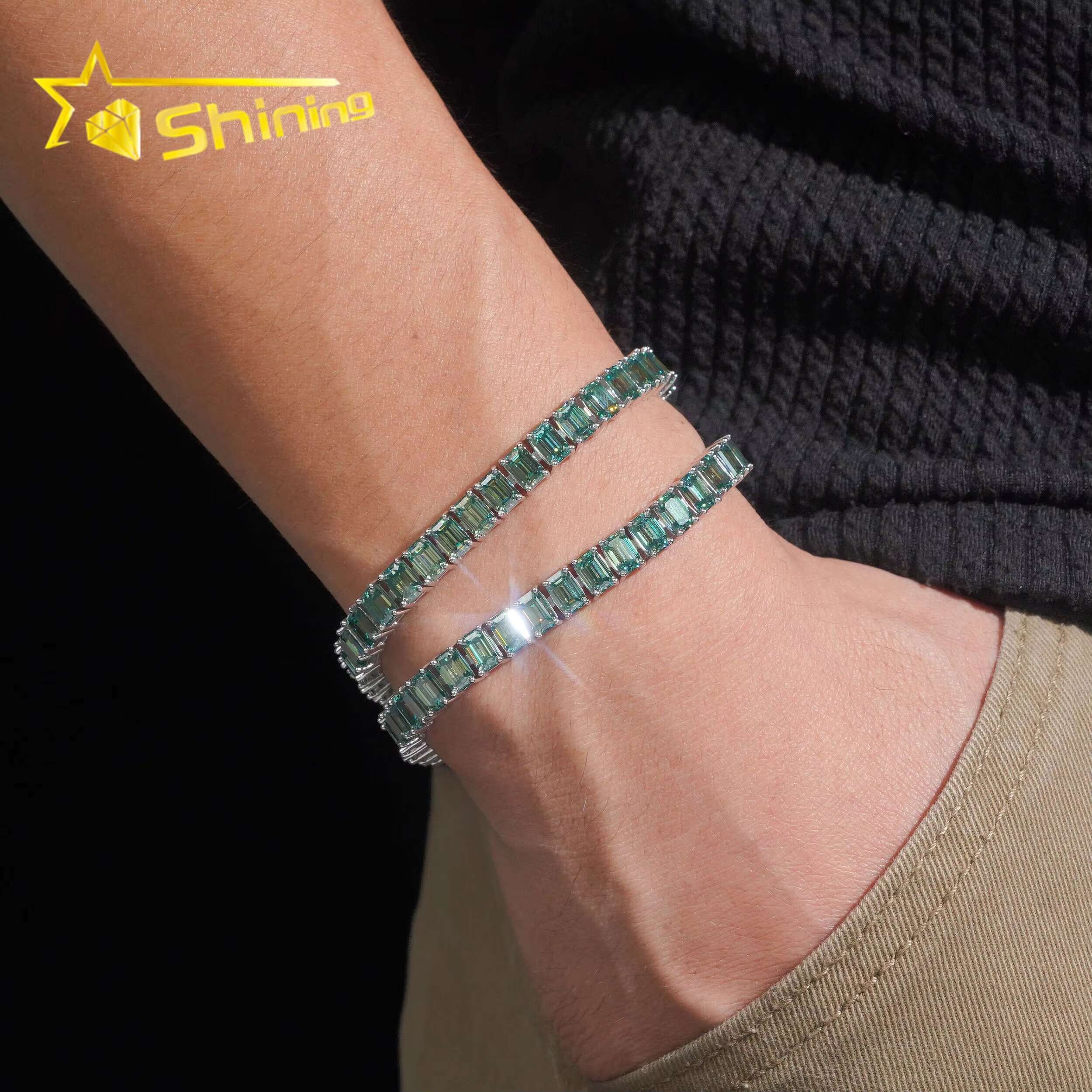 Trendy 925 Silver Blue Green Emerald Cut Moissanite Gemstone Bracelet Hip Hop Iced Out Men Women Moissanite Tennis Bracelet