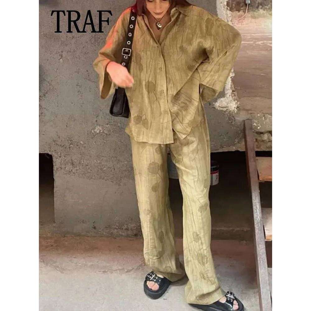 hoodie Women's Wear Print Long Sets For Women Lapel Half Sleeve Single Breasted Shirts + High Waist Lace-Up Wide Leg Pants jacket