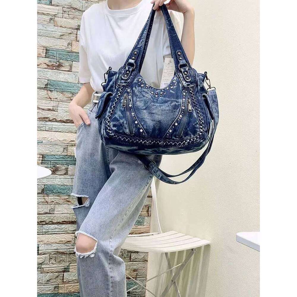 HIGHREAL High Quality Handbag Rivets Women Designer Shoulder Large-Capacity Wash Denim Girls Messenger Bag