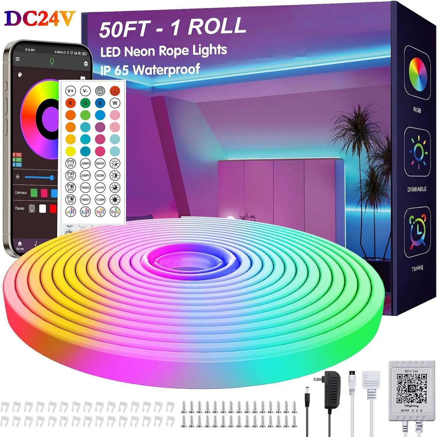 24V RGB LED Neon Rope Lights with Remote App Control Waterproof Neon Flexible Strip Lights Outdoor DIY Design for Bedroom Decoration W250701