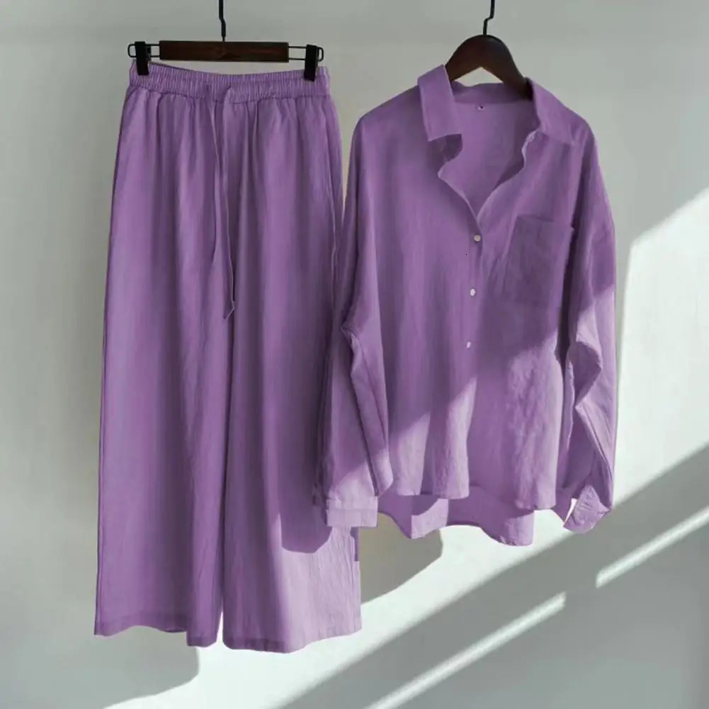 5XL Oversize Fall Blouse Trousers Suit Womens Outfit Cotton Linen Shirt High Waist Wide Leg Pants Set Summer 250624