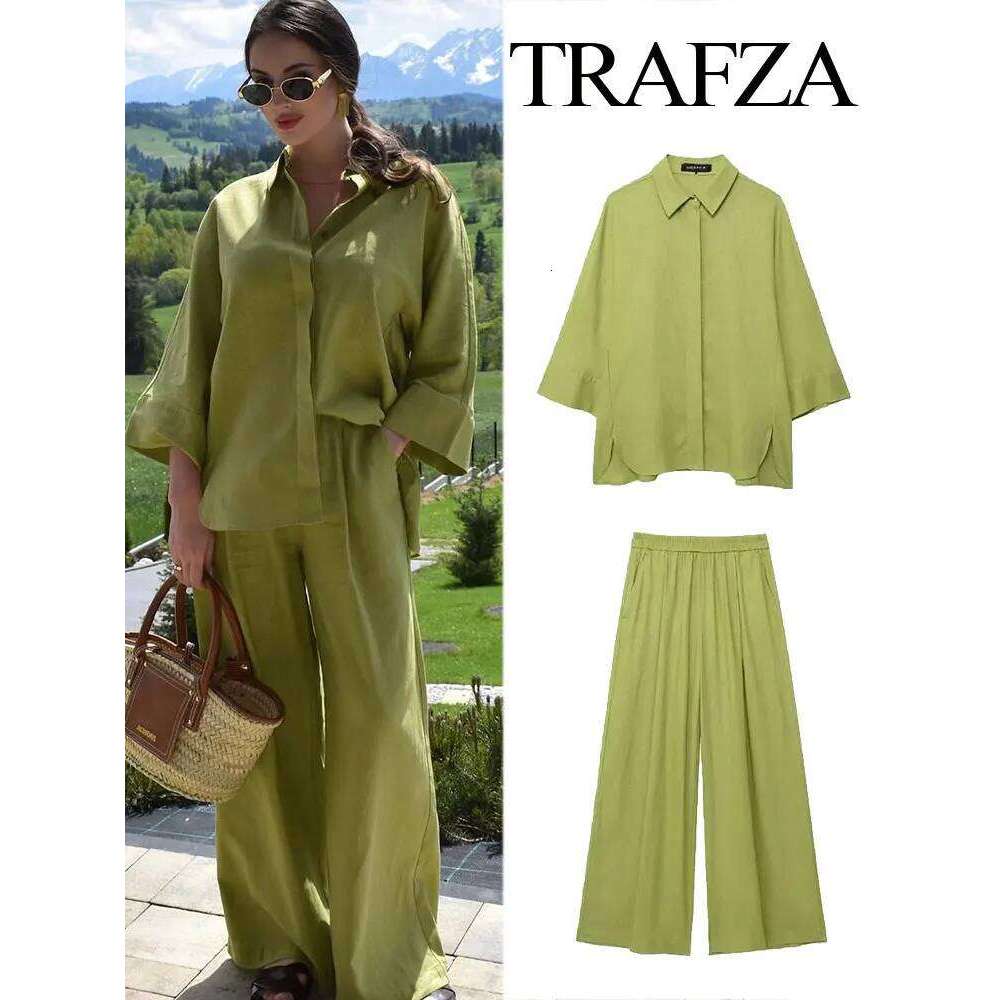 hoodie Women's Wear TRAFZA Women 2 Piece Set Elastic Waist Pocket Folds Decorate Wide Leg Pants+Solid Single-Breasted Slit Hem Blouse Top jacket