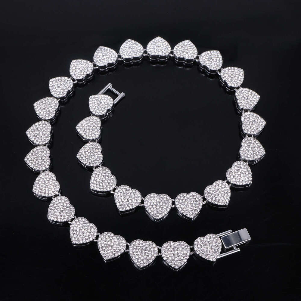 Alloy Jewelry 13mm Heart Full Dia Unisex Inlaid Necklace Trendy Cool Hip-Hop Style Chain Accessory 8c1