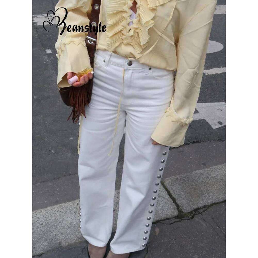 hoodie Wear Bead Women's Denim Jean Loose High Waisted Pockets Zipper All-Match Straight Leg Trouser Female Y2k Street Lady Outwear jacket