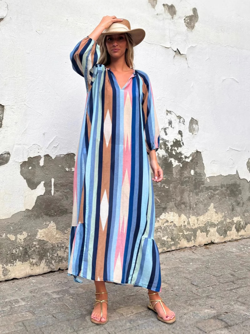 H712European and American autumn new sexy women's clothing V-neck long-sleeved striped dress female