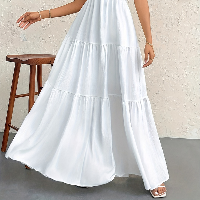 Women's French Summer Style Long-Dress - High-End Vacation Wear With V-Neck & Open Back Detailing