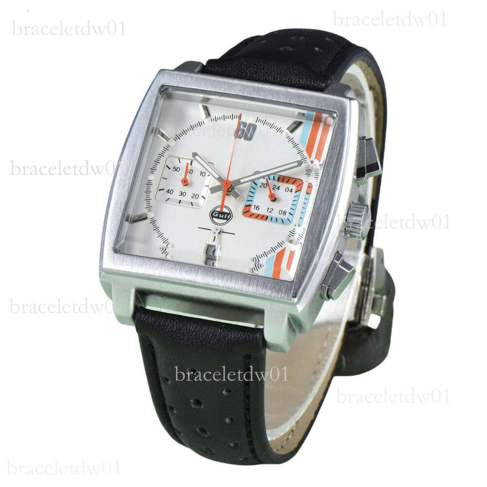 Dhcollections Designer Watches Monaco - Joint-brand Design By Gulf Oil - Limited Edition - Silver, White, Black - Simple And Clean.- Square Shape With Leather Strap