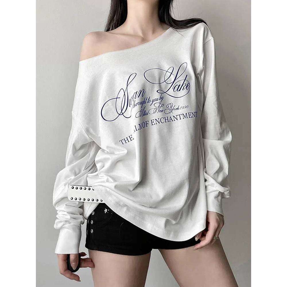 hoodie Wear Y2k Aesthetic Casual Off Shoulder T-Shirt Loose Letter Printing Haruku Tshirts Grunge Vintage Streetwear Tee Shirts jacket