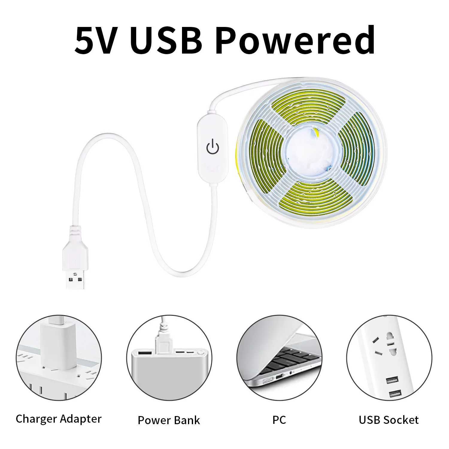 5V COB LED Strip Touch Dimmer USB Plug 320LEDs/m High Density Flexible Led Tape 3000K 4000K 6500K Led Lights Indoor Lighting W250701