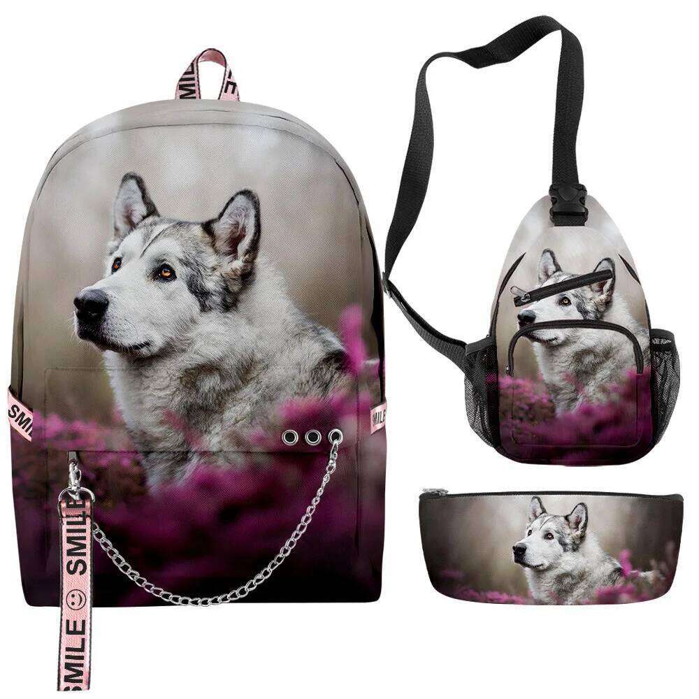 Novelty Creative Cool Husky 3D Print 3pcs/Set School Bags multifunction Travel Backpack Chest Bag Pencil Case