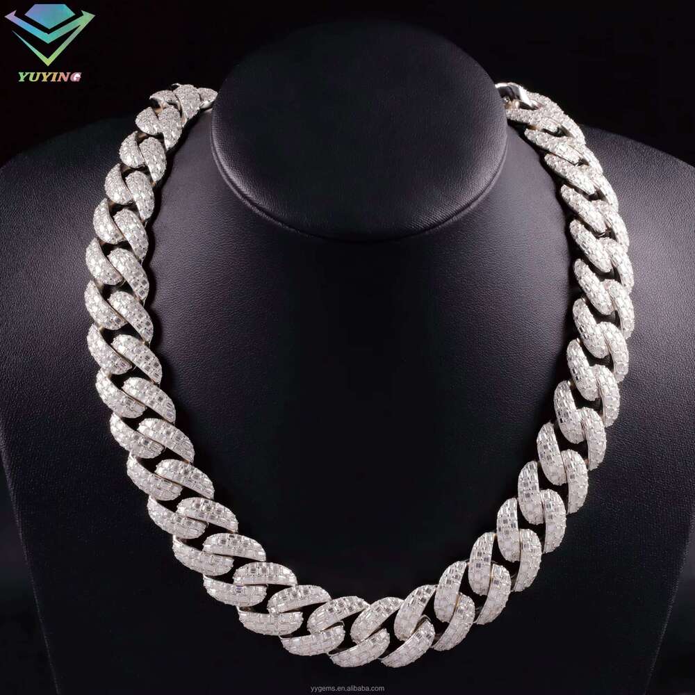 Luxurious Design VVS Baguette Moissanite 23Mm Wide Sterling Sier GoldPlated HipHop Singer Cuban Chain Necklace