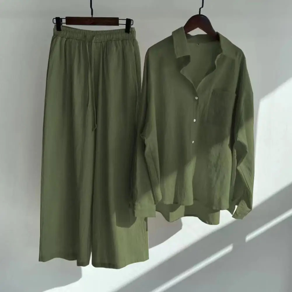 5XL Oversize Fall Blouse Trousers Suit Womens Outfit Cotton Linen Shirt High Waist Wide Leg Pants Set Summer 250624