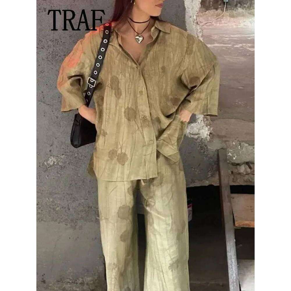 hoodie Women's Wear Print Long Sets For Women Lapel Half Sleeve Single Breasted Shirts + High Waist Lace-Up Wide Leg Pants jacket