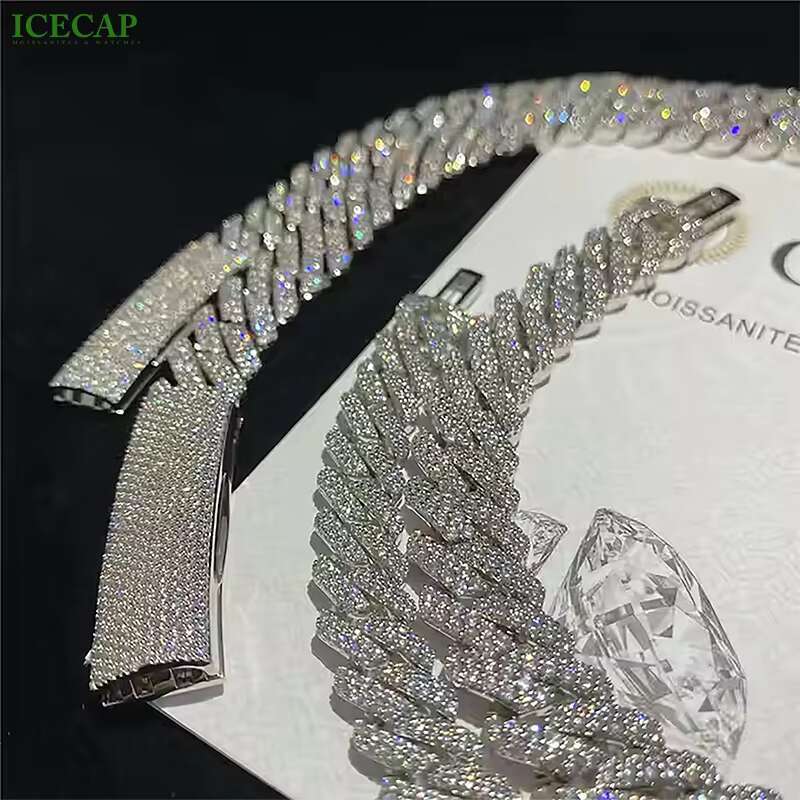 10- 20mm Wide 2-4 Rows Moissanite Cuban Chain 925 Sliver Mossanite Cuban Link Chain Iced Out Cuban Link Bracelet for Men