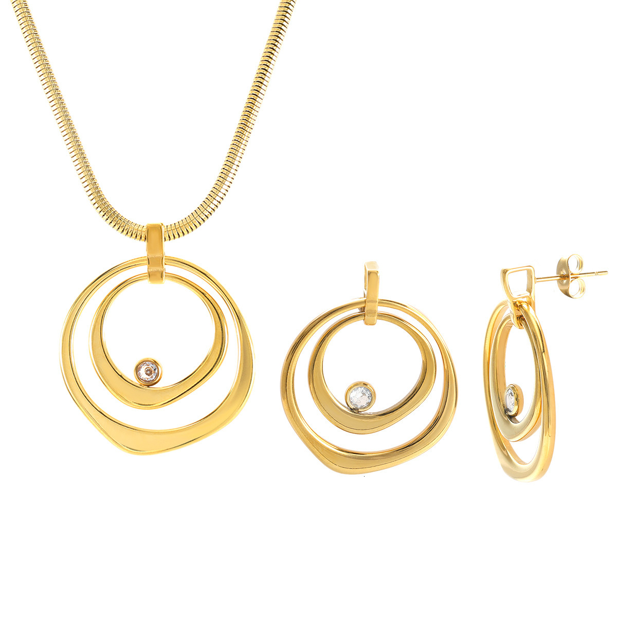Snake Bone Chain Fashion Niche Electroplated 18K Gold Smooth Designer Earrings Double Round Diamond-encrusted Geometric Pendant Ladies' Jewelry E
