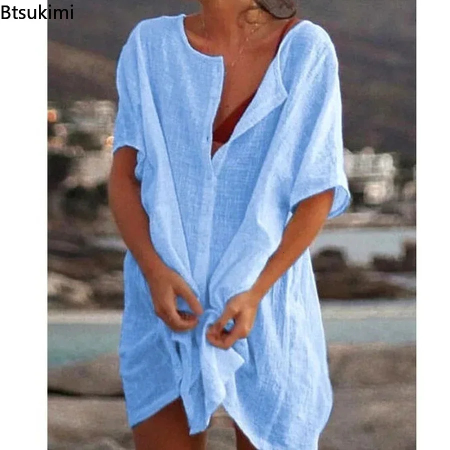 2025 Womens Cotton Linen Beach Dress Solid Summer Casual Cover-ups Midi Dresses Soft Loose Tunics Female Shirt Dress Robe S-5XL 250702