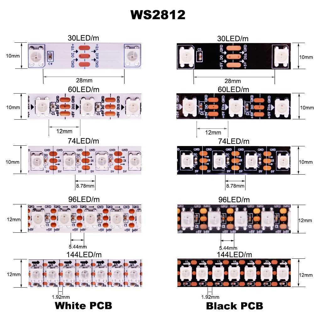 1-5M WS2812B Individually Addressable LED Strip 30/60/74/96/144 LEDs/m WS2812 5050 RGBIC Smart Pixels LED Light IP30/65/67 DC5V W250701