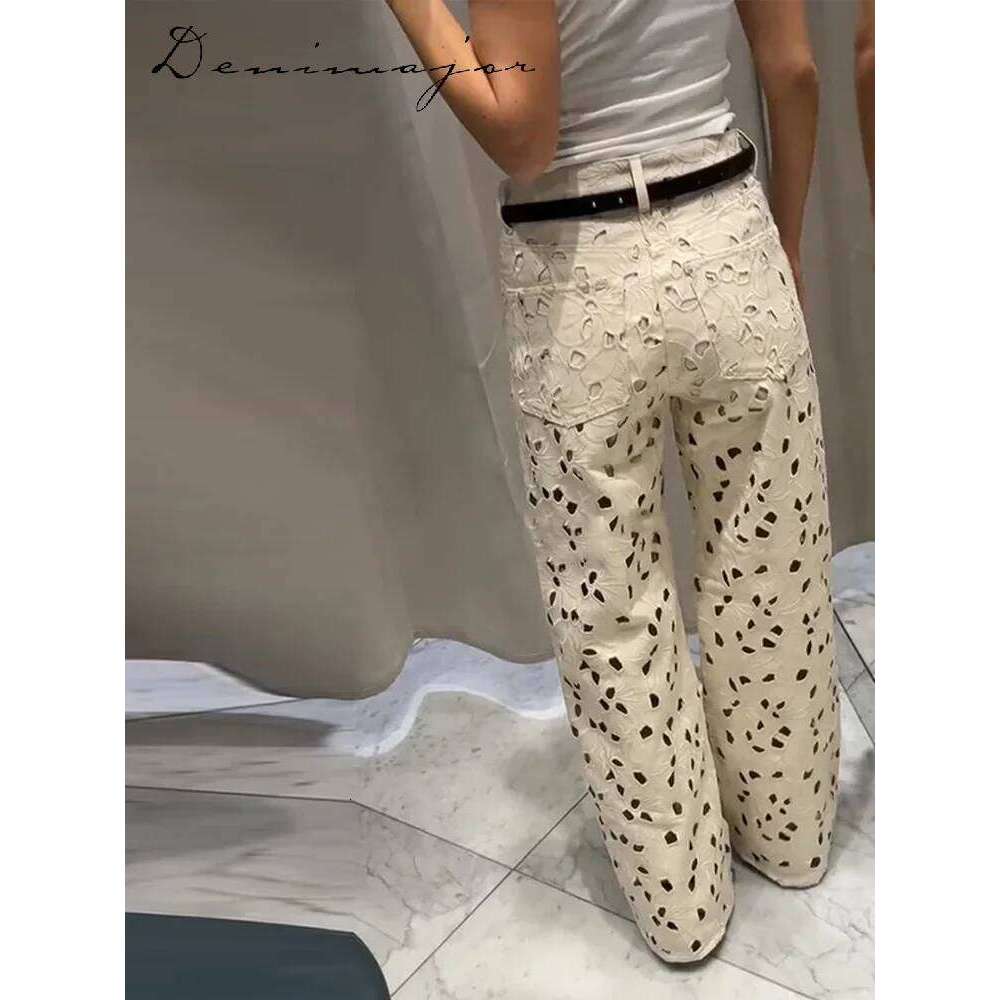 hoodie Wear Sexy Hollow Out Jean Women White Flower Baggy Hole Zipper Pocket Straight Long Pants Female Summer Elegant Lady Streetwears jacket